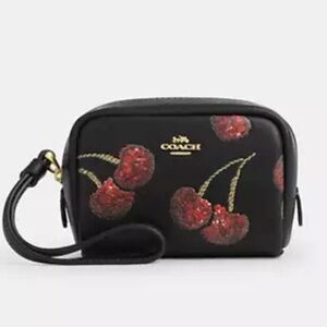 🖤🍒Coach NWT Black Pouch Wristlet With Sparkling Cherry Print